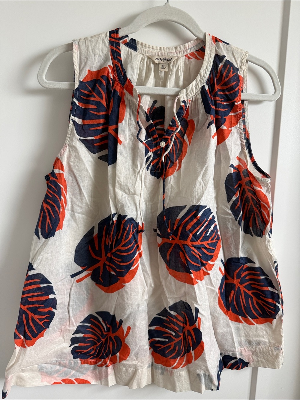 Lucky Brand White Sleeveless Blouse with Navy & Red Leaf Motif